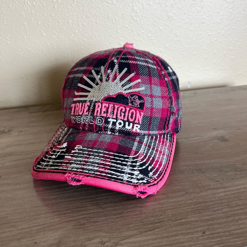 True Religion World Tour Buddha Hat NEW Distressed Leather Strapback Wool Pink